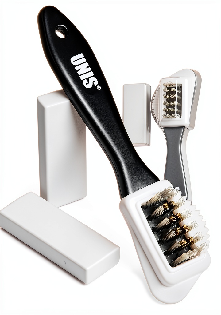 UNIS Suede Nubuck 4in1 Brush Kit Medium Soft being used on a suede hiking boot on a wooden bench